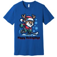 Happy Hockeydays Funny Reinder Playing Ice Hockey Christmas Gift Premium T-Shirt