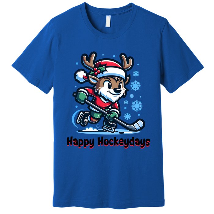 Happy Hockeydays Funny Reinder Playing Ice Hockey Christmas Gift Premium T-Shirt