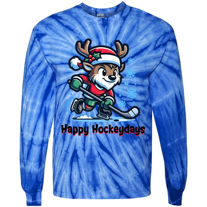 Happy Hockeydays Funny Reinder Playing Ice Hockey Christmas Gift Tie-Dye Long Sleeve Shirt