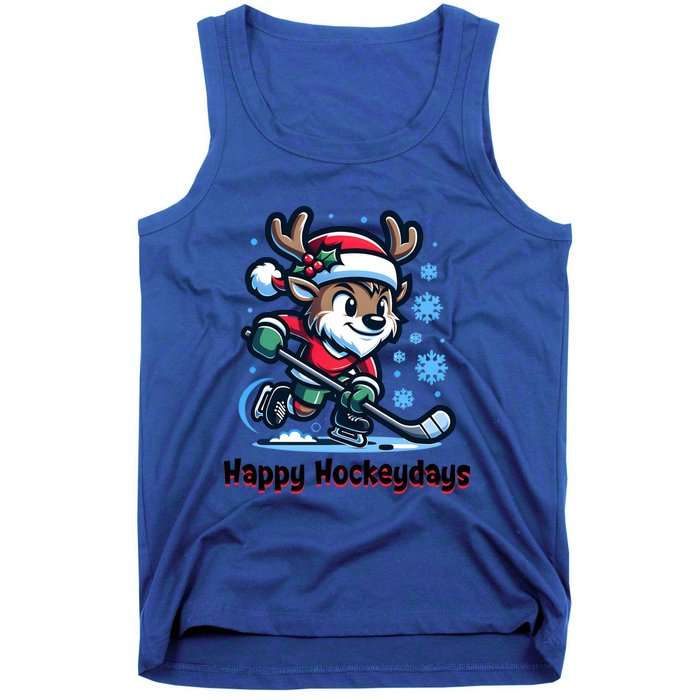 Happy Hockeydays Funny Reinder Playing Ice Hockey Christmas Gift Tank Top