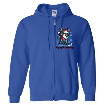 Happy Hockeydays Funny Reinder Playing Ice Hockey Christmas Gift Full Zip Hoodie