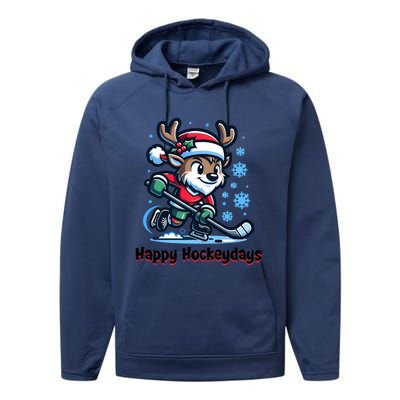 Happy Hockeydays Funny Reinder Playing Ice Hockey Christmas Gift Performance Fleece Hoodie