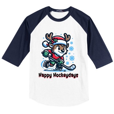 Happy Hockeydays Funny Reinder Playing Ice Hockey Christmas Gift Baseball Sleeve Shirt