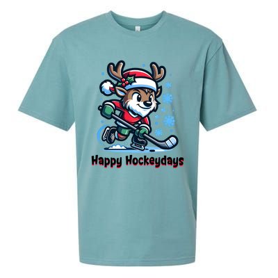 Happy Hockeydays Funny Reinder Playing Ice Hockey Christmas Gift Sueded Cloud Jersey T-Shirt