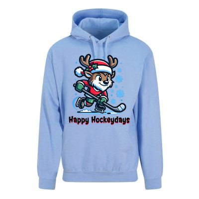 Happy Hockeydays Funny Reinder Playing Ice Hockey Christmas Gift Unisex Surf Hoodie