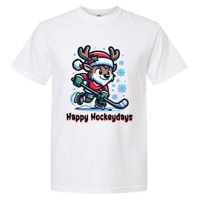 Happy Hockeydays Funny Reinder Playing Ice Hockey Christmas Gift Garment-Dyed Heavyweight T-Shirt