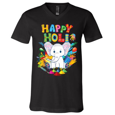Happy Holi Festival India Color Elephant Hindu  V-Neck T-Shirt