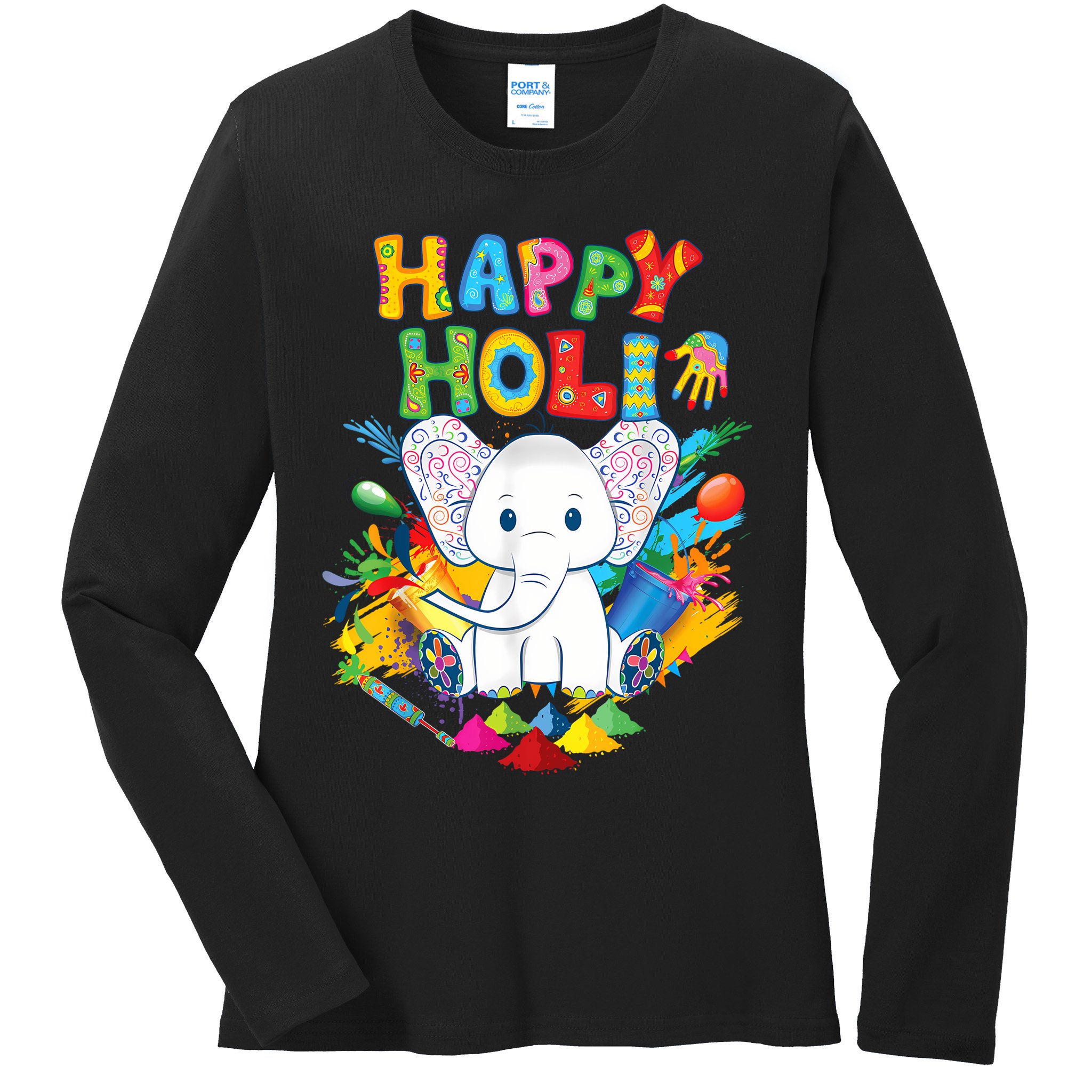 Happy Holi Festival India Color Elephant Hindu  Ladies Long Sleeve Shirt