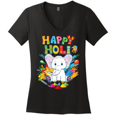 Happy Holi Festival India Color Elephant Hindu  Women's V-Neck T-Shirt