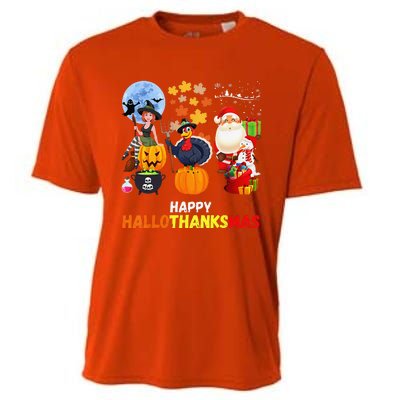 Happy Hallothanksmas Funny Halloween Thanksgiving Christmas Cooling Performance Crew T-Shirt