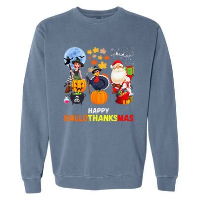 Happy Hallothanksmas Funny Halloween Thanksgiving Christmas Garment-Dyed Sweatshirt