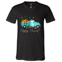 Happy Harvest Fall Season Pumpkin Truck Thanksgiving Vintage V-Neck T-Shirt