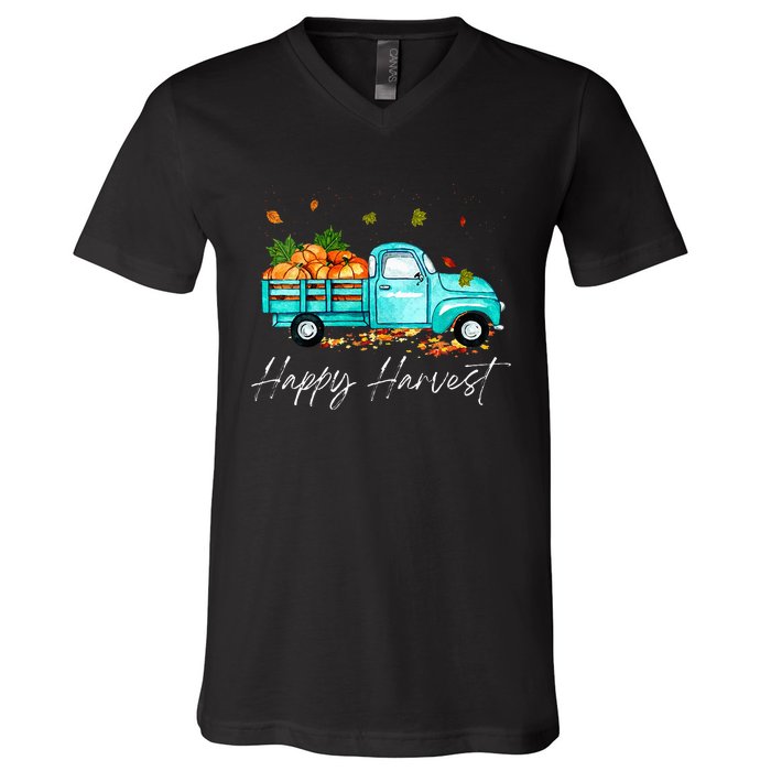 Happy Harvest Fall Season Pumpkin Truck Thanksgiving Vintage V-Neck T-Shirt