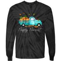 Happy Harvest Fall Season Pumpkin Truck Thanksgiving Vintage Tie-Dye Long Sleeve Shirt