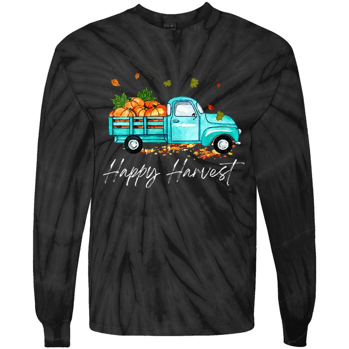 Happy Harvest Fall Season Pumpkin Truck Thanksgiving Vintage Tie-Dye Long Sleeve Shirt