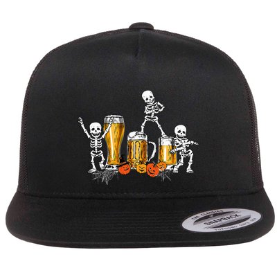 Happy Halloween Funny Skeleton Drinking Beer Flat Bill Trucker Hat