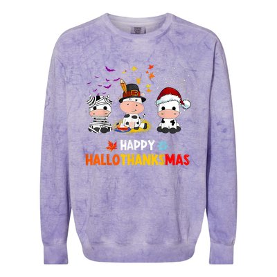 Happy HalloThanksMas Funny Santa Cow Halloween Thanksgiving Colorblast Crewneck Sweatshirt