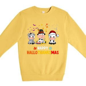 Happy HalloThanksMas Funny Santa Cow Halloween Thanksgiving Premium Crewneck Sweatshirt