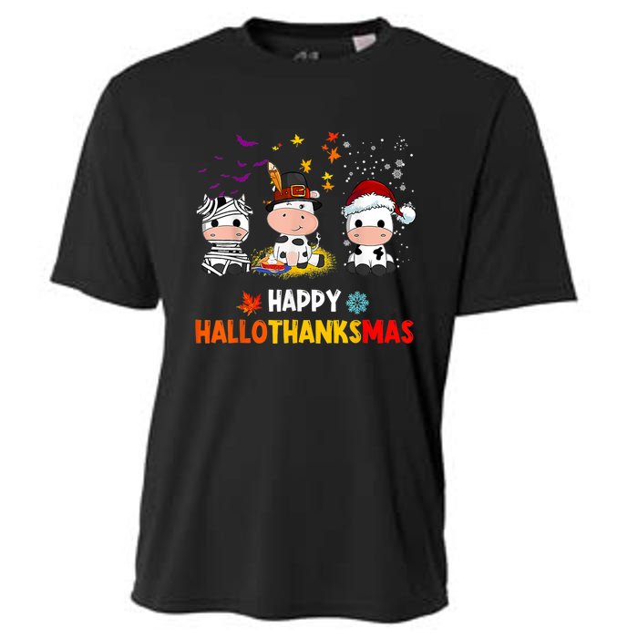 Happy HalloThanksMas Funny Santa Cow Halloween Thanksgiving Cooling Performance Crew T-Shirt