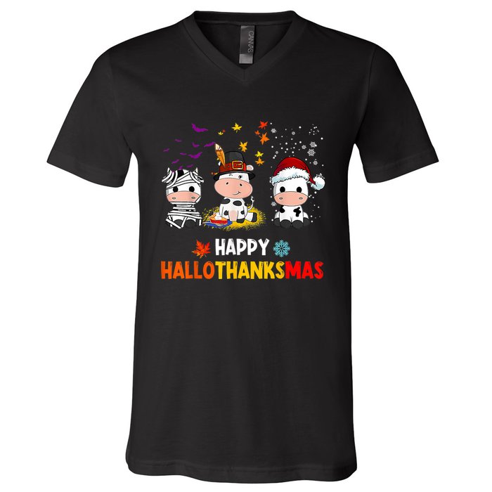 Happy HalloThanksMas Funny Santa Cow Halloween Thanksgiving V-Neck T-Shirt