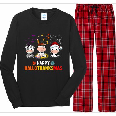 Happy HalloThanksMas Funny Santa Cow Halloween Thanksgiving Long Sleeve Pajama Set