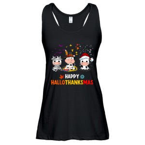 Happy HalloThanksMas Funny Santa Cow Halloween Thanksgiving Ladies Essential Flowy Tank