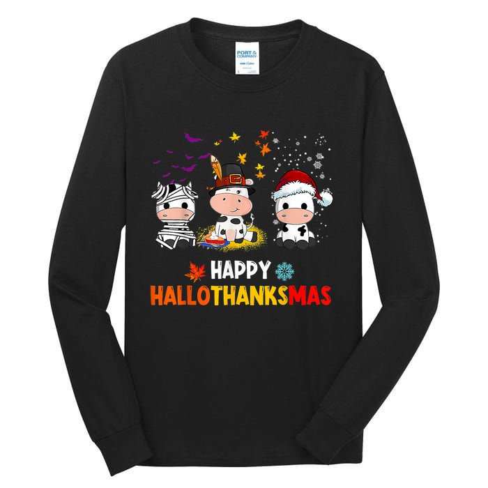 Happy HalloThanksMas Funny Santa Cow Halloween Thanksgiving Tall Long Sleeve T-Shirt