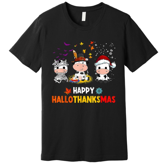 Happy HalloThanksMas Funny Santa Cow Halloween Thanksgiving Premium T-Shirt