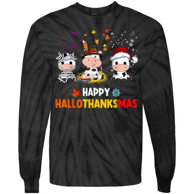 Happy HalloThanksMas Funny Santa Cow Halloween Thanksgiving Tie-Dye Long Sleeve Shirt