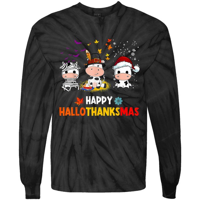 Happy HalloThanksMas Funny Santa Cow Halloween Thanksgiving Tie-Dye Long Sleeve Shirt