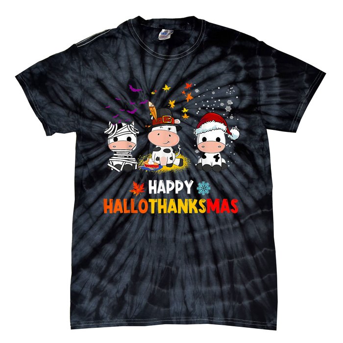 Happy HalloThanksMas Funny Santa Cow Halloween Thanksgiving Tie-Dye T-Shirt