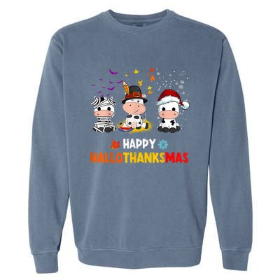 Happy HalloThanksMas Funny Santa Cow Halloween Thanksgiving Garment-Dyed Sweatshirt