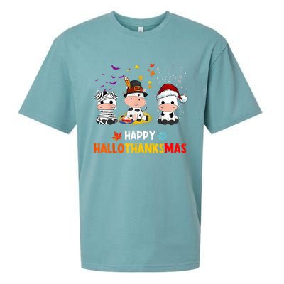 Happy HalloThanksMas Funny Santa Cow Halloween Thanksgiving Sueded Cloud Jersey T-Shirt