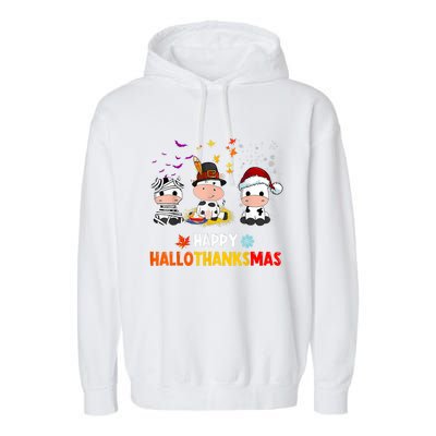 Happy HalloThanksMas Funny Santa Cow Halloween Thanksgiving Garment-Dyed Fleece Hoodie