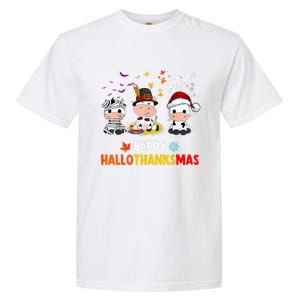 Happy HalloThanksMas Funny Santa Cow Halloween Thanksgiving Garment-Dyed Heavyweight T-Shirt