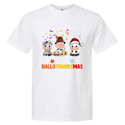 Happy HalloThanksMas Funny Santa Cow Halloween Thanksgiving Garment-Dyed Heavyweight T-Shirt