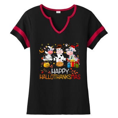 Happy HalloThanksMas Funny Santa Cow Halloween Thanksgiving Ladies Halftime Notch Neck Tee