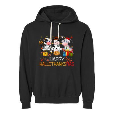 Happy HalloThanksMas Funny Santa Cow Halloween Thanksgiving Garment-Dyed Fleece Hoodie