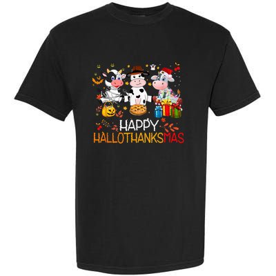 Happy HalloThanksMas Funny Santa Cow Halloween Thanksgiving Garment-Dyed Heavyweight T-Shirt