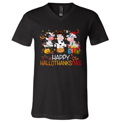 Happy HalloThanksMas Funny Santa Cow Halloween Thanksgiving V-Neck T-Shirt