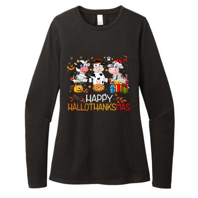 Happy HalloThanksMas Funny Santa Cow Halloween Thanksgiving Womens CVC Long Sleeve Shirt