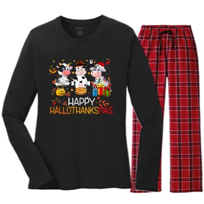 Happy HalloThanksMas Funny Santa Cow Halloween Thanksgiving Women's Long Sleeve Flannel Pajama Set 