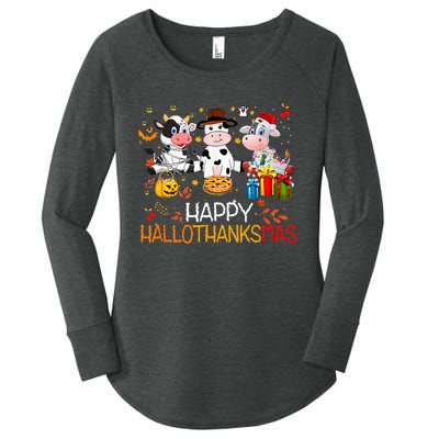 Happy HalloThanksMas Funny Santa Cow Halloween Thanksgiving Women's Perfect Tri Tunic Long Sleeve Shirt