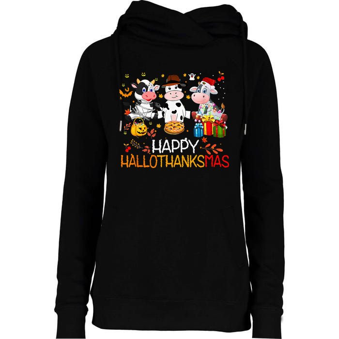 Happy HalloThanksMas Funny Santa Cow Halloween Thanksgiving Womens Funnel Neck Pullover Hood