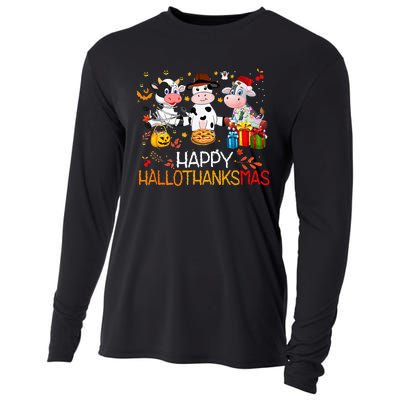 Happy HalloThanksMas Funny Santa Cow Halloween Thanksgiving Cooling Performance Long Sleeve Crew