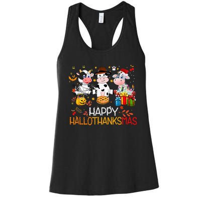 Happy HalloThanksMas Funny Santa Cow Halloween Thanksgiving Women's Racerback Tank