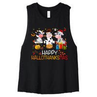 Happy HalloThanksMas Funny Santa Cow Halloween Thanksgiving Women's Racerback Cropped Tank