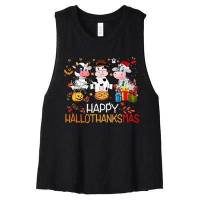 Happy HalloThanksMas Funny Santa Cow Halloween Thanksgiving Women's Racerback Cropped Tank