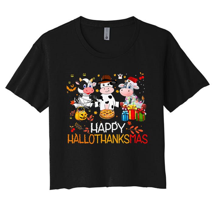 Happy HalloThanksMas Funny Santa Cow Halloween Thanksgiving Women's Crop Top Tee