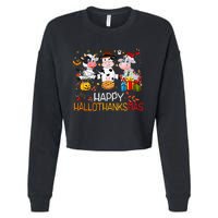 Happy HalloThanksMas Funny Santa Cow Halloween Thanksgiving Cropped Pullover Crew